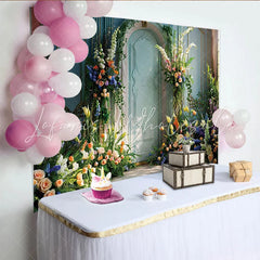Lofaris Spring Garden Door Photography Backdrop Blue Interior and Floral Photo Background