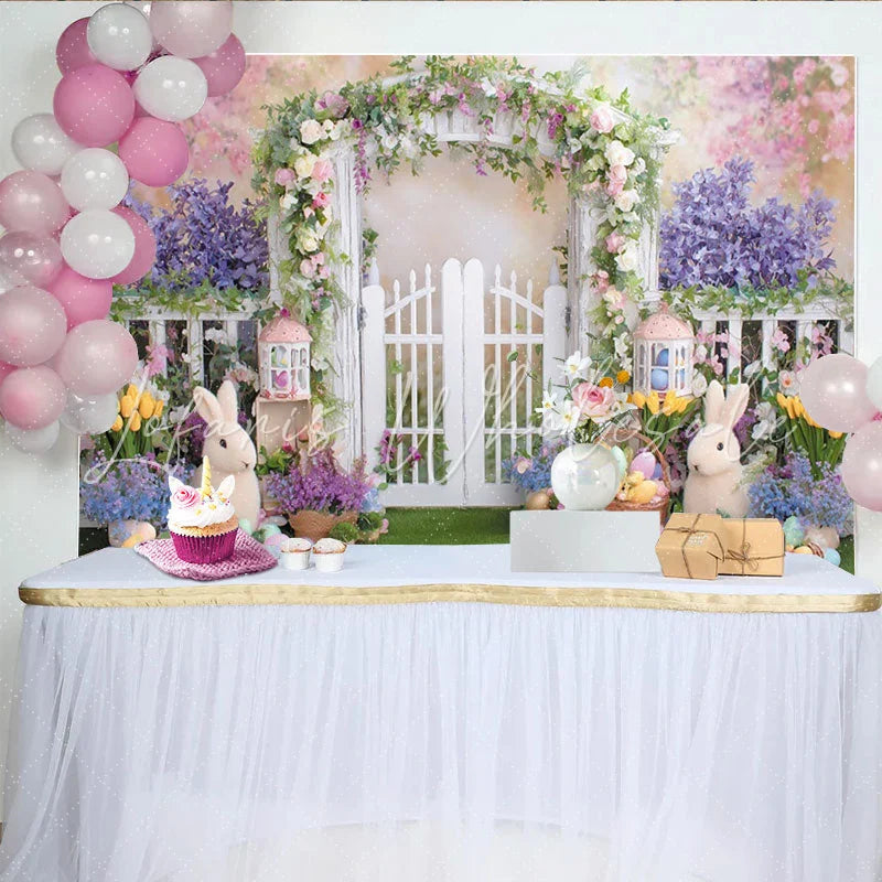 Lofaris Spring Garden Easter Backdrop with White Picket Fence Arch Floral Garland and Colorful Eggs