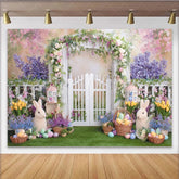 Lofaris Spring Garden Easter Backdrop with White Picket Fence Arch Floral Garland and Colorful Eggs