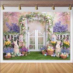 Lofaris Spring Garden Easter Backdrop with White Picket Fence Arch Floral Garland and Colorful Eggs