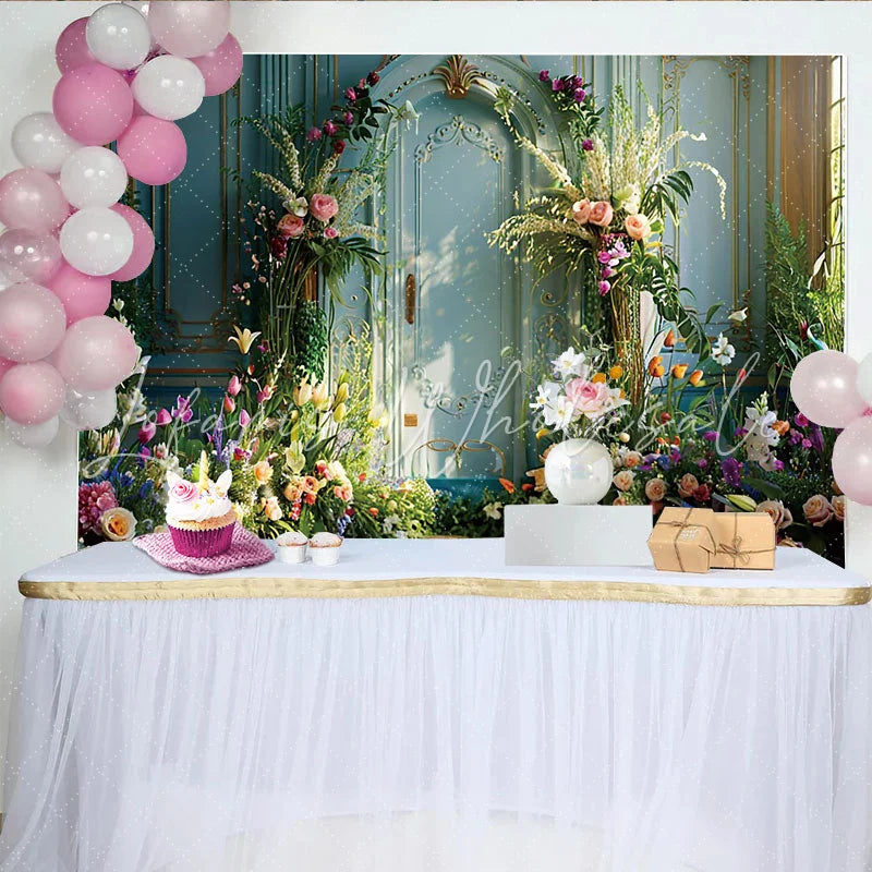 Lofaris Spring Garden Villa Photography Backdrop Blue Ornate Door and Floral Photo Background