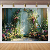 Lofaris Spring Garden Villa Photography Backdrop Blue Ornate Door and Floral Photo Background