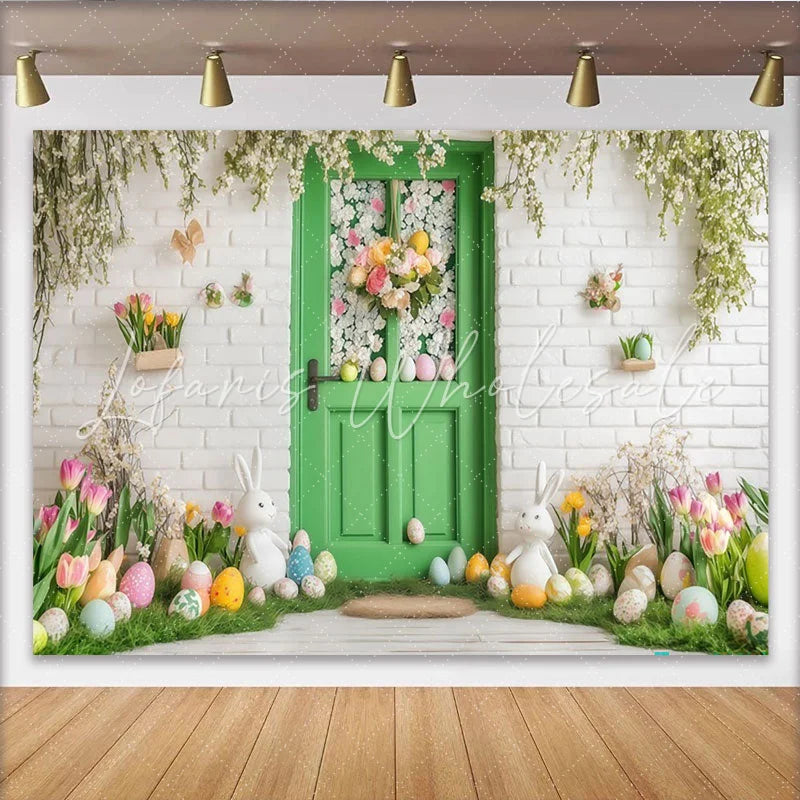 Lofaris Spring Green Door with Easter Bunnies and Flowers Party Backdrop Festive Holiday Celebration Decor