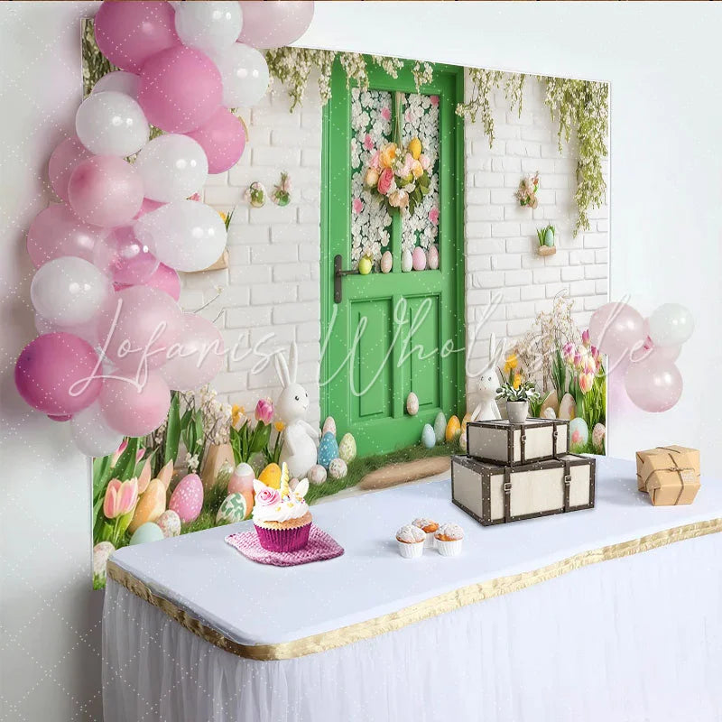 Lofaris Spring Green Door with Easter Bunnies and Flowers Party Backdrop Festive Holiday Celebration Decor