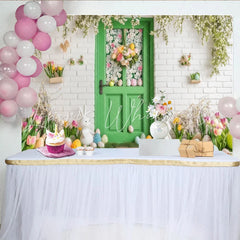 Lofaris Spring Green Door with Easter Bunnies and Flowers Party Backdrop Festive Holiday Celebration Decor