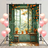 Lofaris Spring Green Window Backdrop Orange Flowers in Pots and Wooden Stool for Rustic Portrait