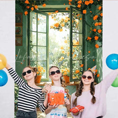 Lofaris Spring Green Window Backdrop Orange Flowers in Pots and Wooden Stool for Rustic Portrait