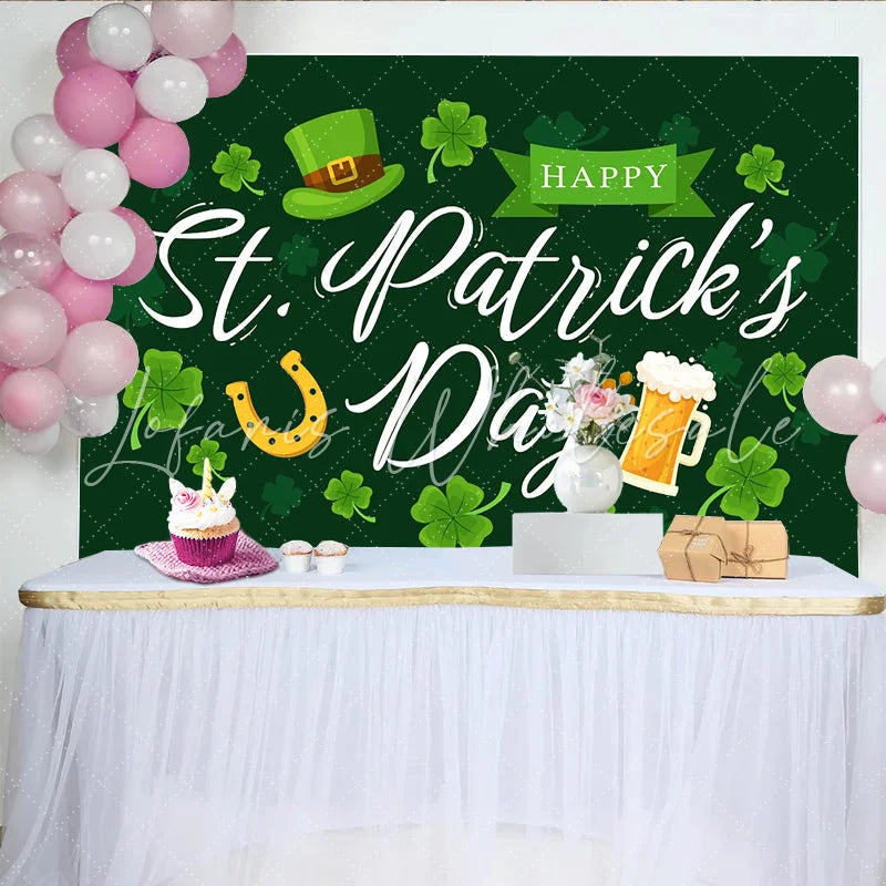Lofaris St. Patrick Day Horseshoe and Beer Mug Backdrop Green Lucky Shamrock Party Decor