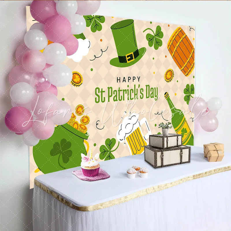 Lofaris St. Patrick’s Day Backdrop Cartoon Rainbow and Luck Pot of Gold with Beer and Green Hat