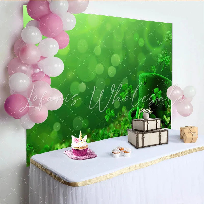 Lofaris St. Patrick’s Day Backdrop Green Leprechaun Hat and Clovers Lucky Decor