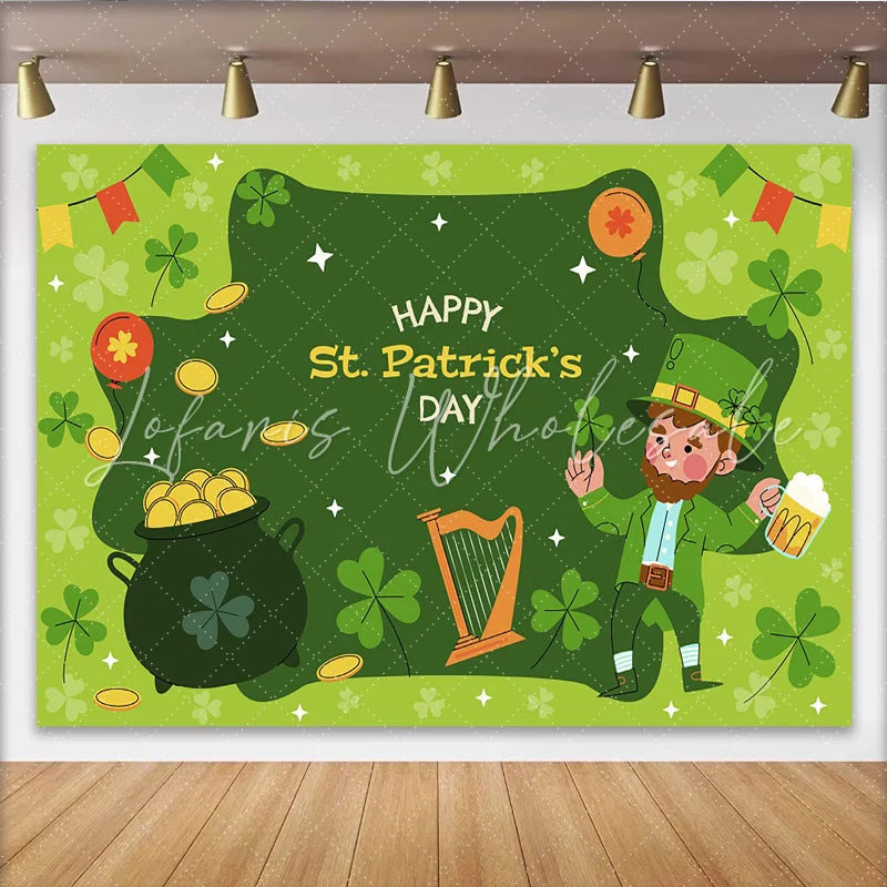 Lofaris St. Patrick’s Day Backdrop Lucky Leprechaun with Pot of Gold and Shamrocks Party Decoration