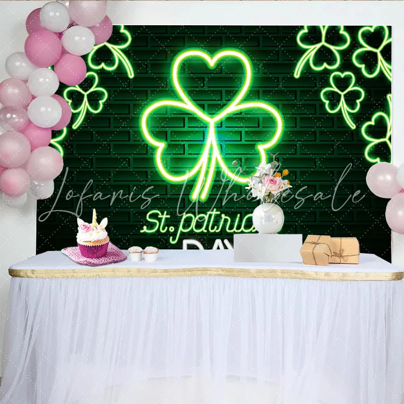 Lofaris St. Patrick’s Day Backdrop Neon Shamrock Sign on Brick Wall Background for Irish Pub Party and Nightclub