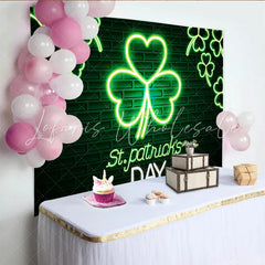 Lofaris St. Patrick’s Day Backdrop Neon Shamrock Sign on Brick Wall Background for Irish Pub Party and Nightclub