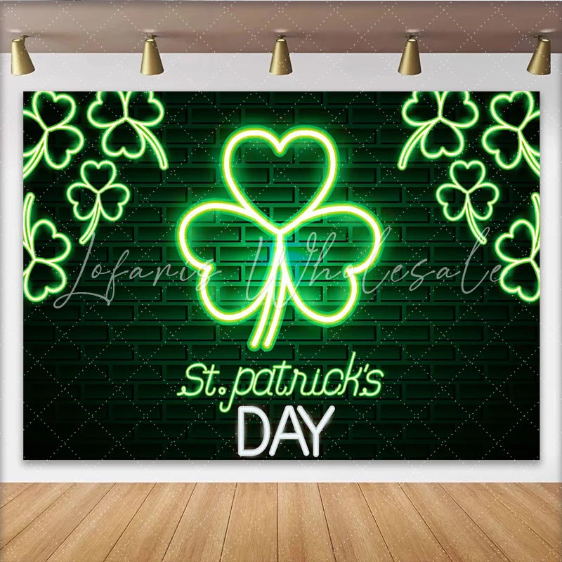 Lofaris St. Patrick’s Day Backdrop Neon Shamrock Sign on Brick Wall Background for Irish Pub Party and Nightclub