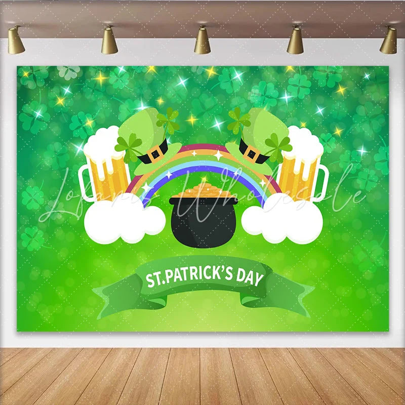 Lofaris St. Patrick’s Day Backdrop Pot of Gold and Rainbow with Beer Mugs Background for Irish Festival Party
