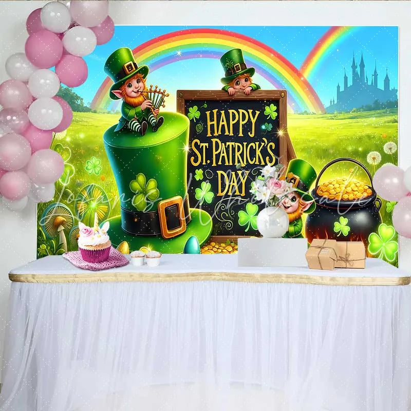 Lofaris St Patricks Day Castle Rainbow Backdrop Lucky Leprechaun Field Party Banner