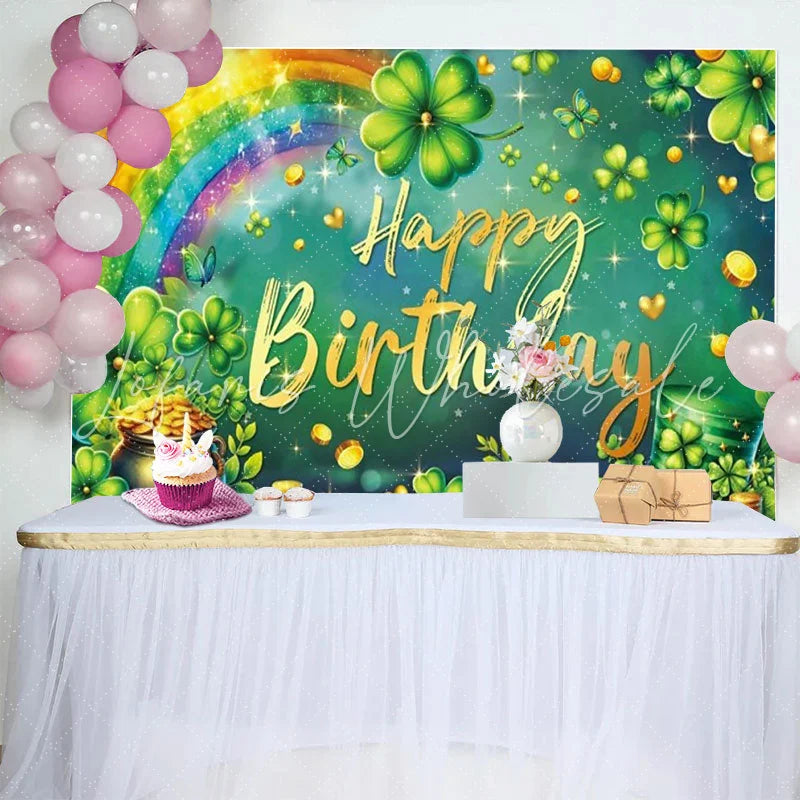 Lofaris St Patricks Day Happy Birthday Backdrop Green Clovers Rainbow Pot of Gold Lucky Spring Party Decor