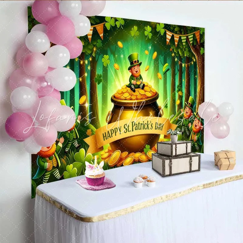 Lofaris St Patricks Day Pot of Gold Backdrop Lucky Leprechaun and Shamrocks Party Banner