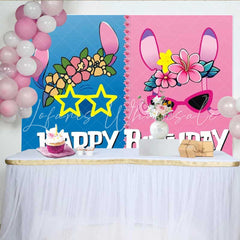 Lofaris Stitch and Angel Inspired Happy Birthday Backdrop Tropical Hawaiian Theme Cartoon Alien Party for Boy and Girl