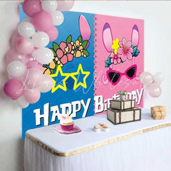 Lofaris Stitch and Angel Inspired Happy Birthday Backdrop Tropical Hawaiian Theme Cartoon Alien Party for Boy and Girl