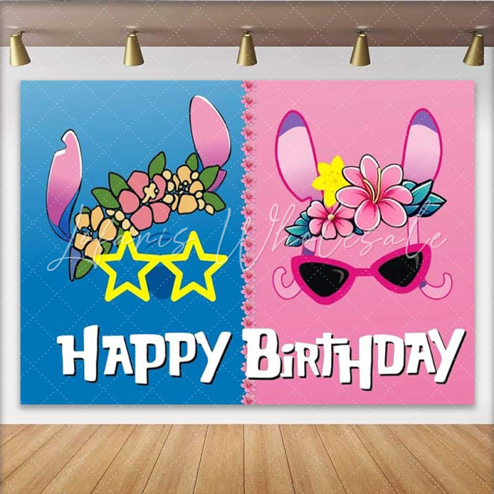 Lofaris Stitch and Angel Inspired Happy Birthday Backdrop Tropical Hawaiian Theme Cartoon Alien Party for Boy and Girl