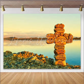 Lofaris Stone Cross with Jesus Names Religious Photography Backdrop Serene Lake Sunset Background for Spiritual Event