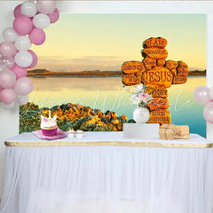 Lofaris Stone Cross with Jesus Names Religious Photography Backdrop Serene Lake Sunset Background for Spiritual Event