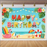 Lofaris Summer Beach Happy Birthday Backdrop with Tropical Elements Vibrant Ocean Party Photography Background Decor