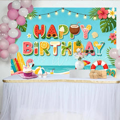 Lofaris Summer Beach Happy Birthday Backdrop with Tropical Elements Vibrant Ocean Party Photography Background Decor