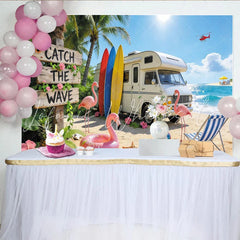 Lofaris Summer Beach Photography Backdrop with Camper Van Surfboards and Flamingos Tropical Ocean Background for Vacation Photoshoot