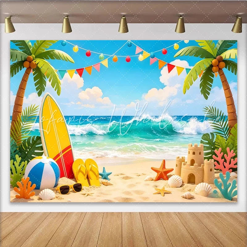 Lofaris Summer Beach Photography Backdrop with Ocean Waves and Palm Trees Tropical Party Background for Photoshoot Decor