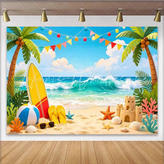 Lofaris Summer Beach Photography Backdrop with Ocean Waves and Palm Trees Tropical Party Background for Photoshoot Decor