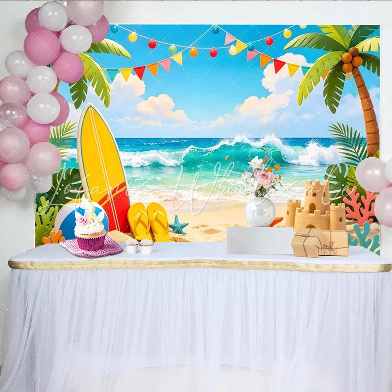 Lofaris Summer Beach Photography Backdrop with Ocean Waves and Palm Trees Tropical Party Background for Photoshoot Decor