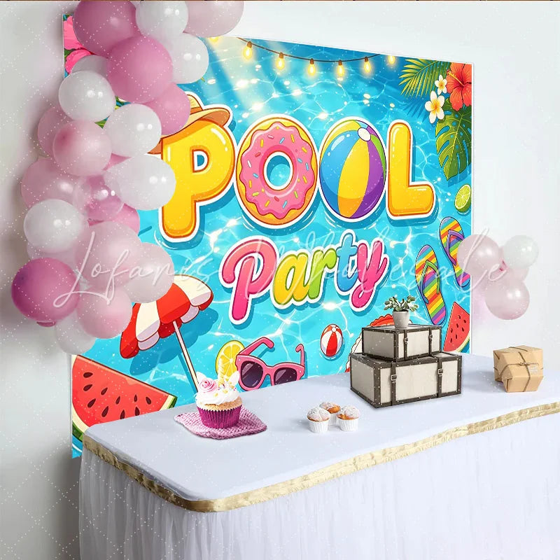 Lofaris Summer Pool Party Backdrop with Tropical Leaves and Fun Floats Vibrant Photography Background for Kids and Adults