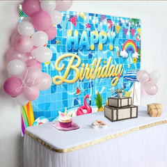 Lofaris Summer Pool Party Birthday Backdrop with Rainbow and Flamingo Vibrant Swimming Pool Background for Kids Summer Celebration