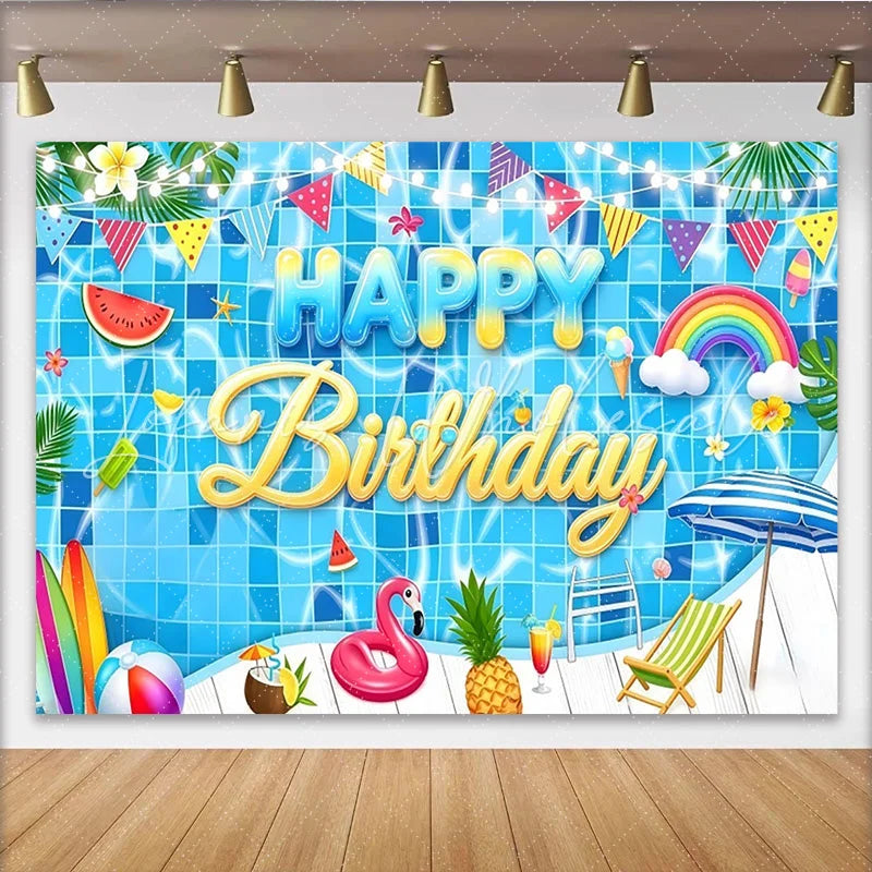 Lofaris Summer Pool Party Birthday Backdrop with Rainbow and Flamingo Vibrant Swimming Pool Background for Kids Summer Celebration