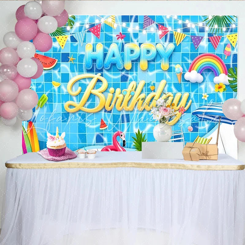Lofaris Summer Pool Party Birthday Backdrop with Rainbow and Flamingo Vibrant Swimming Pool Background for Kids Summer Celebration