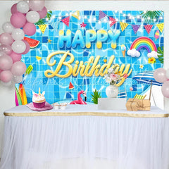 Lofaris Summer Pool Party Birthday Backdrop with Rainbow and Flamingo Vibrant Swimming Pool Background for Kids Summer Celebration