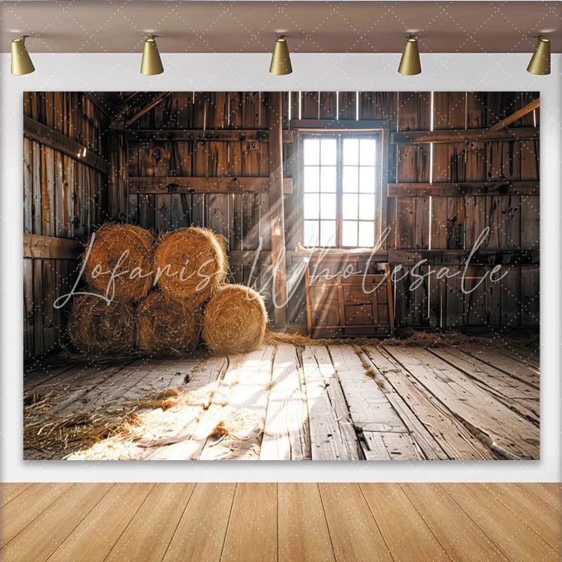 Lofaris Sunlit Rustic Barn Photography Backdrop with Hay Bales and Wood Walls Warm Countryside Studio Background for Farm Theme Portrait