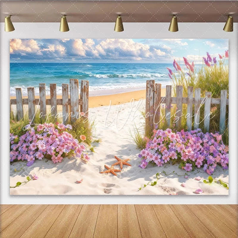 Lofaris Sunny Beach Photography Backdrop with Ocean Waves and Fence Sandy Path Photo Background for Studio or Party Decor