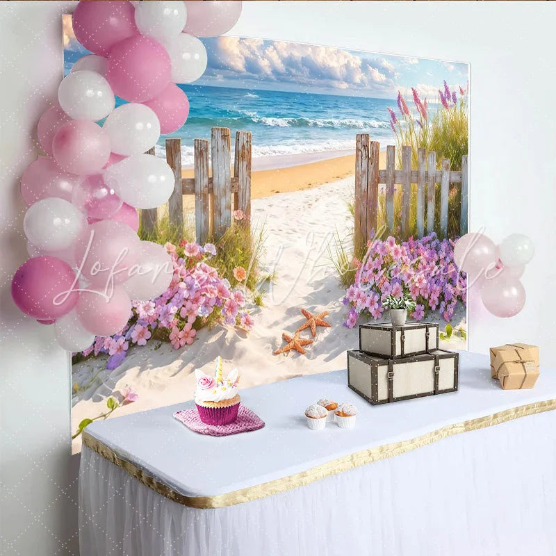 Lofaris Sunny Beach Photography Backdrop with Ocean Waves and Fence Sandy Path Photo Background for Studio or Party Decor
