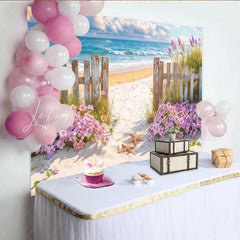 Lofaris Sunny Beach Photography Backdrop with Ocean Waves and Fence Sandy Path Photo Background for Studio or Party Decor