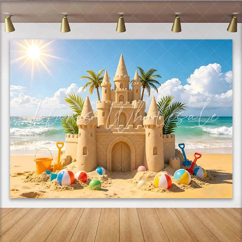Lofaris Sunny Beach Sandcastle Photography Backdrop for Summer Vacation Vibrant Beach Balls and Photo Studio Background Decor