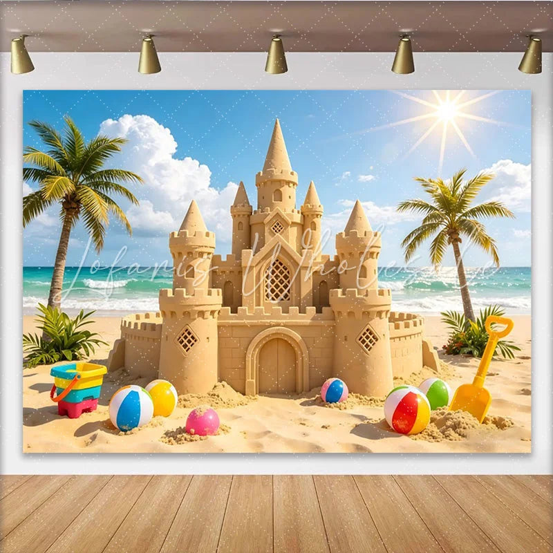 Lofaris Sunny Beach Sandcastle Photography Backdrop with Palm Trees and Ocean Summer Vacation Background for Kids Photoshoot
