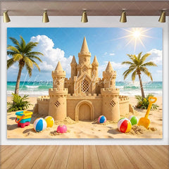 Lofaris Sunny Beach Sandcastle Photography Backdrop with Palm Trees and Ocean Summer Vacation Background for Kids Photoshoot