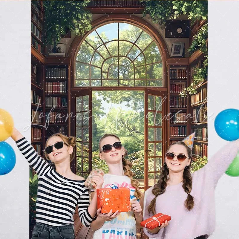 Lofaris Sunny Bookshelf Library Backdrop Open Glass Door to Lush Green Garden for Spring Portrait