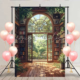 Lofaris Sunny Bookshelf Library Backdrop Open Glass Door to Lush Green Garden for Spring Portrait