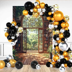 Lofaris Sunny Bookshelf Library Backdrop Open Glass Door to Lush Green Garden for Spring Portrait