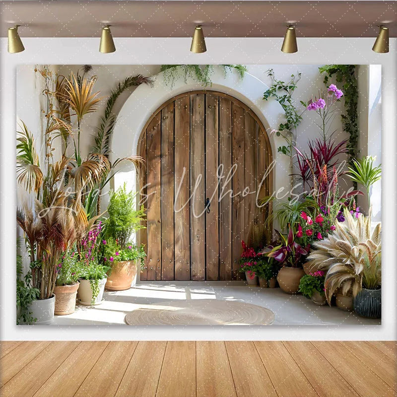 Lofaris Sunny Courtyard Door Backdrop Arch Wood Door and Potted Plants for Spring Decor