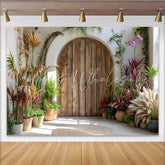 Lofaris Sunny Courtyard Door Backdrop Arch Wood Door and Potted Plants for Spring Decor